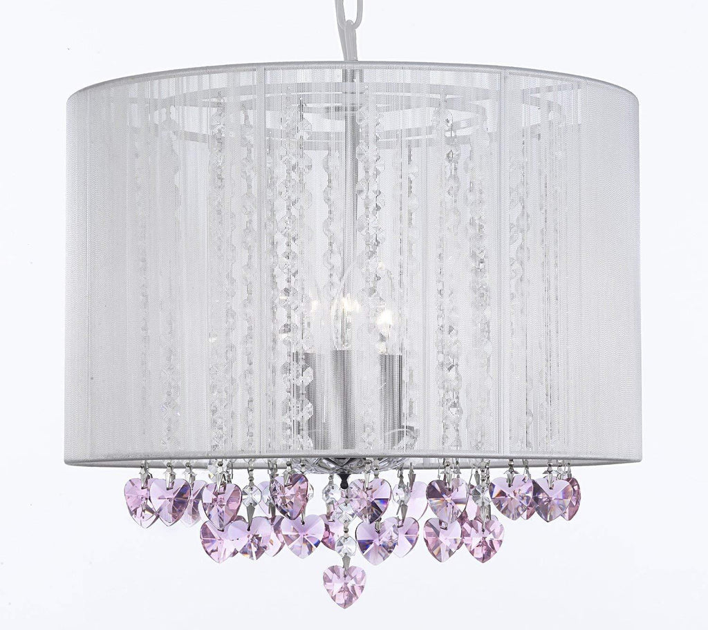 Crystal Chandelier Chandeliers With Large White Shade and Pink Crystal Hearts! H15 x W15 - Perfect for Kids' and Girls Bedrooms! - G7-B23/WHITE/SM/604/3-PINK HEARTS