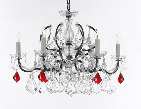 Swarovski Crystal Trimmed Chandelier 19th C. Baroque Iron & Crystal Chandelier Lighting- Dressed with Ruby Red Crystals Great for Kitchens, Bathrooms, Closets, and Dining Rooms H 19" x W 26" - G83-B98/994/6SW