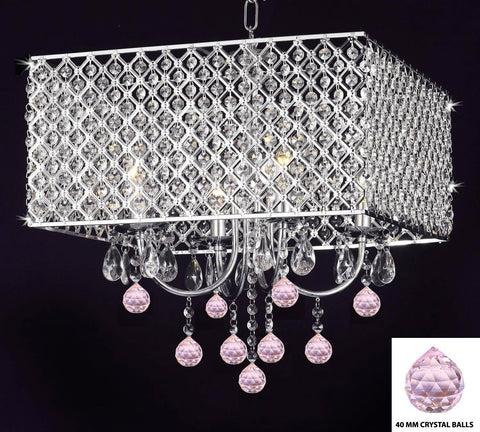 Modern Contemporary Chrome / Crystal 4-light Square Ceiling Chandelier Chandeliers Lighting With Crystal Pink Balls - G7-B76/2129/4