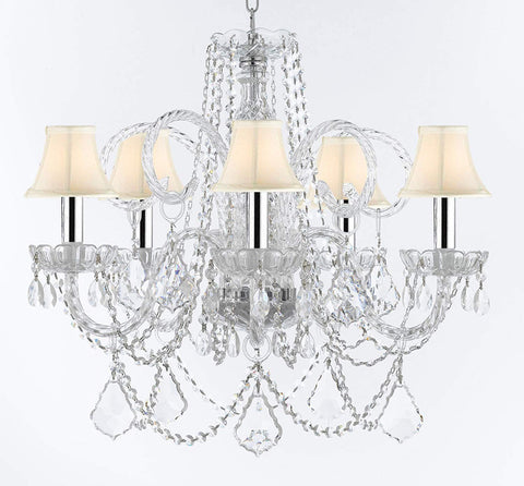 Murano Venetian Style Chandelier Crystal Lights Fixture Pendant Ceiling Lamp for Dining Room, Living Room with Large, Luxe, Diamond Cut Crystals w/Chrome Sleeves! H25" X W24" w/White Shades - A46-B43/CS/WHITESHADES/B94/B89/385/5DC