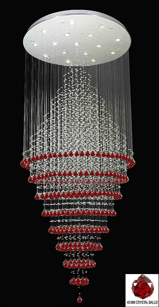 New ! Modern Contemporary Chandelier Rain Drop Chandeliers H 100" W 41" (Over 8ft Tall!) - Dressed with Ruby Red Crystal Balls! Great for Foyer, Entryway, Family Room and More! - G7-B104/6874/16