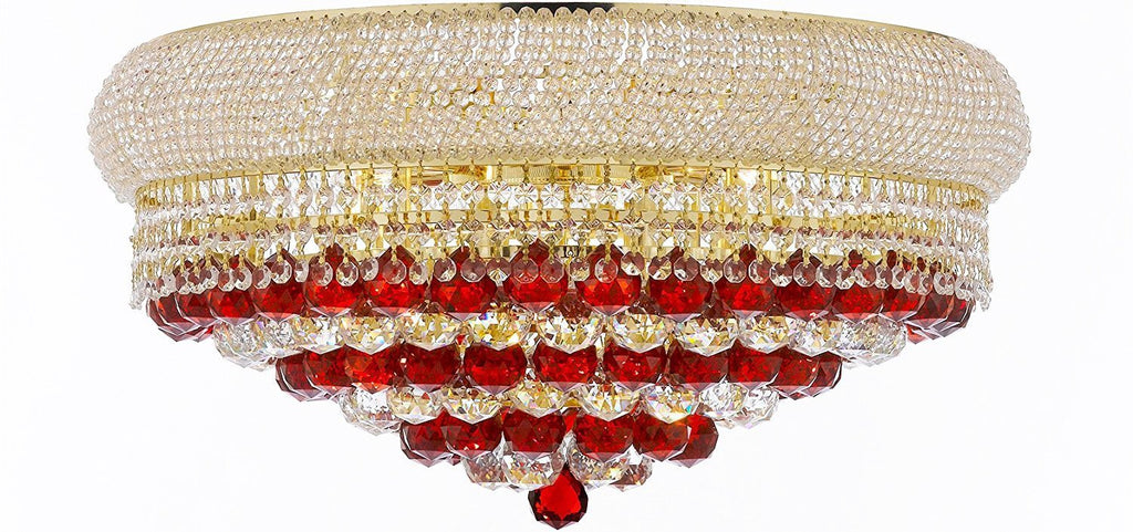 Moroccan Style French Empire Flush Crystal Chandelier Chandeliers H15" X W24" Dressed with Ruby Red Crystal Balls - Good for Dining Room, Foyer, Entryway, Family Room and More - F93-B96/FLUSH/CG/542/15