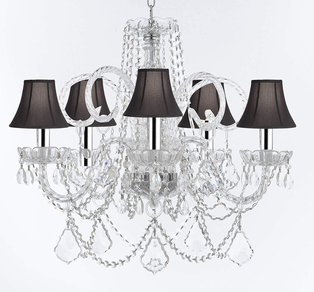 Swarovski Crystal Trimmed Murano Venetian Style Chandelier Crystal Lights Fixture Pendant Ceiling Lamp for Dining Room - W/Large, Luxe Crystals w/Chrome Sleeves! H25" X W24" w/Black Shades - A46-B43/CS/BLACKSHADES/B94/B89/385/5SW