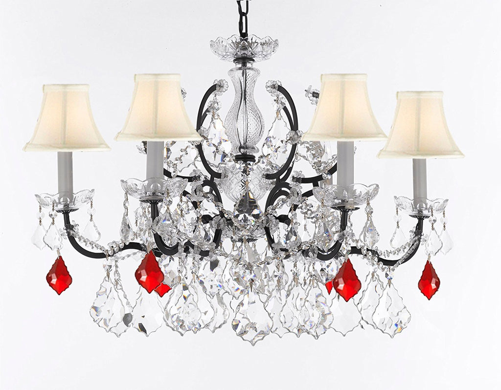 19th C. Baroque Iron & Crystal Chandelier Lighting Dressed w/Empress Crystal (tm) - Dressed with Ruby Red Crystals Great for Kitchens, Closets, & Dining Rooms H 25" x W 26" w'White Shades - G83-B98/WHITESHADES/994/6