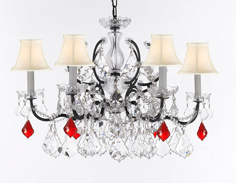 Swarovski Crystal Trimmed Chandelier 19th C. Baroque Iron & Crystal Lighting- Dressed with Ruby Red Crystals Great for Kitchens, Bathrooms, Closets, and Dining Rooms H 25" x W 26" w/ White Shades - G83-B98/WHITESHADES/994/6SW
