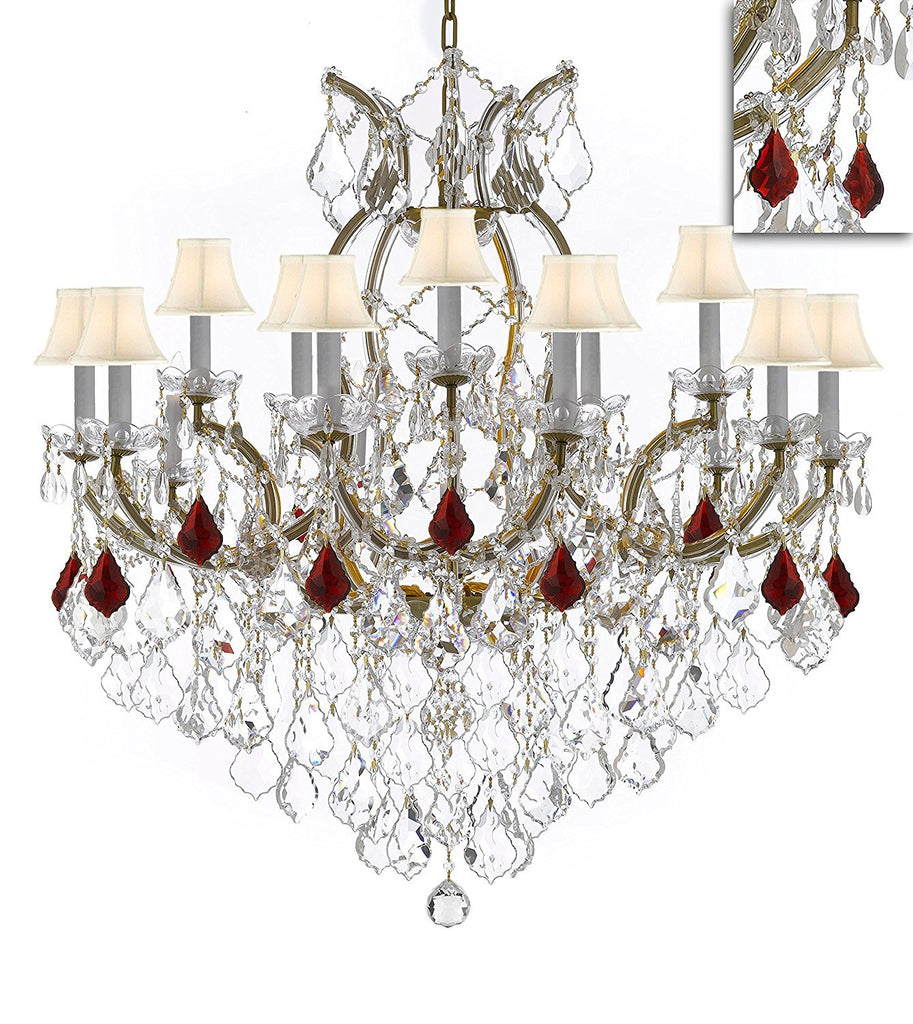Maria Theresa Chandelier Crystal Lighting Chandeliers Lights Fixture Pendant Ceiling Lamp for Dining room, Entryway , Living room H38" X W37" - Dressed with Ruby Red Crystals & White Shades - A83-B98/WHITESHADES/21510/15+1