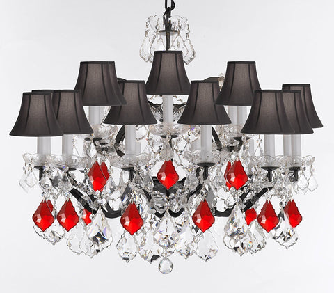 19th C. Baroque Iron & Crystal Chandelier Lighting Dressed w/Empress Crystal (tm) - Dressed w/Ruby Red Crystals Great for Kitchens, Closets, and Dining Rooms H 28" x W 30" w/Black Shades - G83-B98/BLACKSHADES/995/18