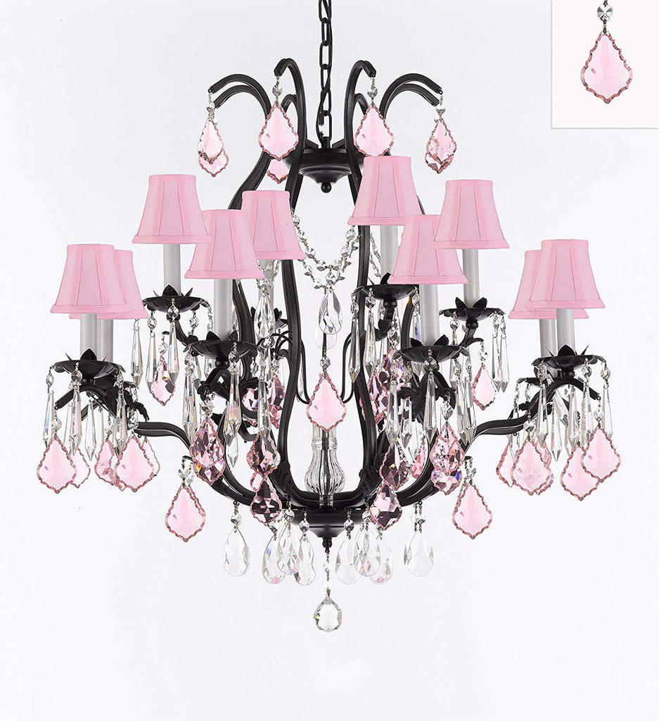 Wrought Iron Crystal Chandelier Lighting Chandeliers H30" x W28" Dressed with Pink Crystals and Pink Shades! Great for Bedroom, Kitchen, Dining Room, Living Room, and more! - F83-B110/3034/8+4-PINKSHADES