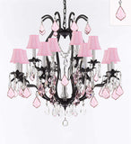 Wrought Iron Crystal Chandelier Lighting Chandeliers H30" x W28" Dressed with Swarovski Crystals and with Pink Crystals and Pink Shades! Great for Bedroom, Kitchen, Dining Room, Living Room, and more! - F83-B110/PINKSHADES/3034/8+4SW