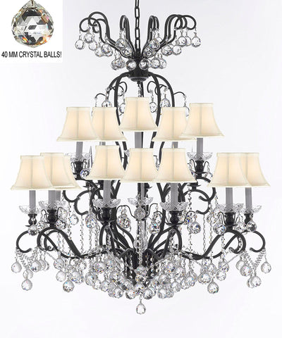 Swarovski Crystal Trimmed Chandelier Wrought Iron Crystal Chandelier Lighting Dressed with Crystal Balls W38" H44" - Great for the Dining Room, Foyer, Entry Way, Living Room w/White Shades - F83-B6/WHITESHADES/556/16SW