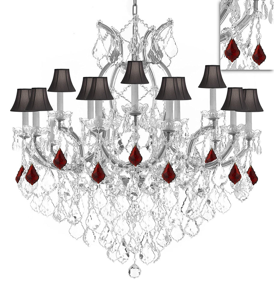 Maria Theresa Chandelier Crystal Lighting Chandeliers Lights Fixture Pendant Ceiling Lamp for Dining room, Entryway , Living room H38" X W37" - Dressed w/Ruby Red Crystals and Black Shades - A83-B98/BLACKSHADES/SILVER/21510/15+1