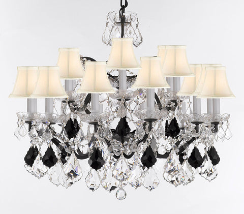 19th C. Baroque Iron & Crystal Chandelier Lighting Dressed w/Empress Crystal (tm) - Dressed w/Jet Black Crystals Great for Kitchens, Closets, and Dining Rooms H 28" x W 30" w/White Shades - G83-B97/WHITESHADES/995/18
