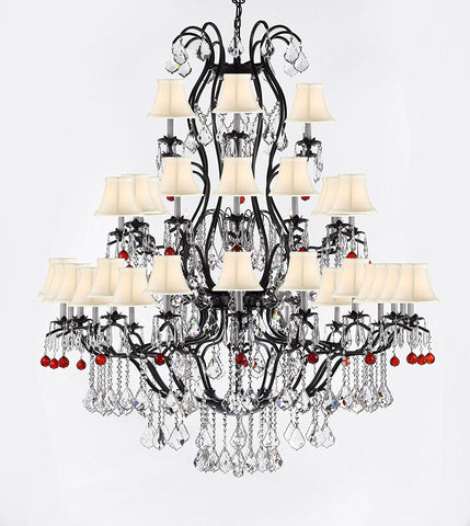 Large Wrought Iron Chandelier Chandeliers Lighting With Ruby Red Crystal Balls H60" x W52" - Great for the Entryway, Foyer, Family Room, Living Room w/White Shades - A83-B96/WHITESHADES/3031/36