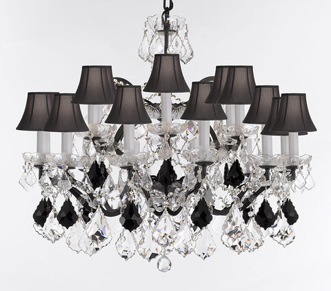 19th C. Baroque Iron & Crystal Chandelier Lighting Dressed w/Empress Crystal (tm) - Dressed w/Jet Black Crystals Great for Kitchens, Closets, and Dining Rooms H 28" x W 30" w/Black Shades - G83-B97/BLACKSHADES/995/18