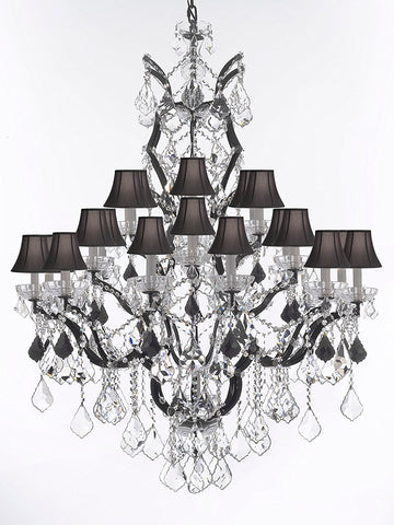 19th C. Baroque Iron & Crystal Chandelier Lighting Dressed with Jet Black Crystals H 52" x W 41" - Great for the Dining Room, Foyer, Entry Way, Living Room w/ Black Shades - G83-B97/BLACKSHADES/996/25
