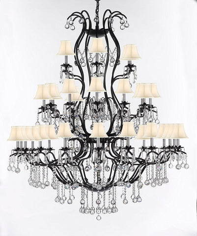 Swarovski Crystal Trimmed Chandelier Large Wrought Iron Chandelier Chandeliers Lighting With Crystal Balls H60" x W52" - Great for the Entryway, Foyer, Family Room, Living Room w/White Shades - A83-B6/WHITESHADES/3031/36SW