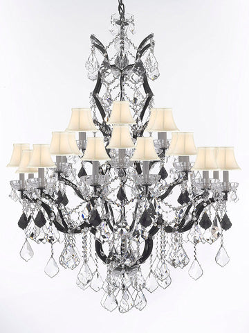 19th C. Baroque Iron & Crystal Chandelier Lighting Dressed with Jet Black Crystals H 52" x W 41" - Great for the Dining Room, Foyer, Entry Way, Living Room w/ White Shades - G83-B97/WHITESHADES/996/25