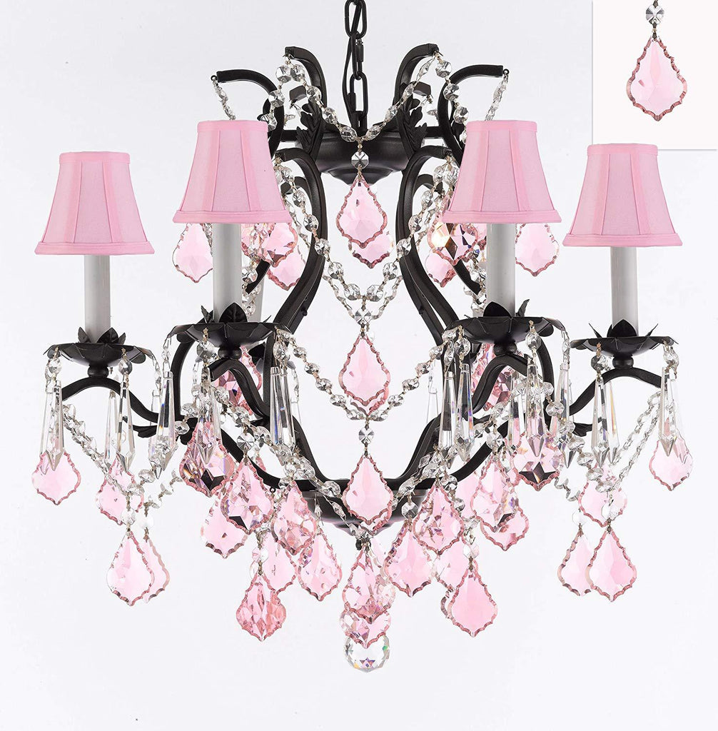 Wrought Iron Crystal Chandelier Lighting Chandeliers H19" x W20" Dressed with Pink Crystals and Pink Shades! Great for Bedroom, Kitchen, Dining Room, Living Room, and More! - F83-B20/PINKSHADES/3530/6