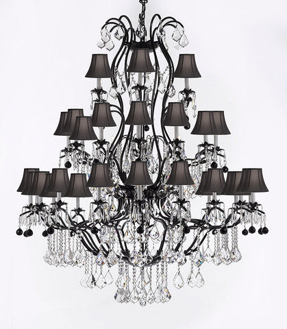 Large Wrought Iron Chandelier Chandeliers Lighting With Jet Black Crystal Balls H60" x W52" - Great for the Entryway, Foyer, Family Room, Living Room w/ Black Shades - A83-B95/BLACKSHADES/3031/36