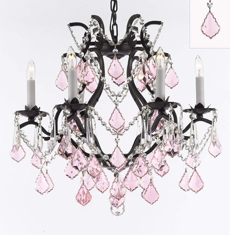 Wrought Iron Crystal Chandelier Lighting Chandeliers H19" x W20" Dressed with Pink Crystals! Great for Bedroom, Kitchen, Dining Room, Living Room, and More! - F83-B20/3530/6