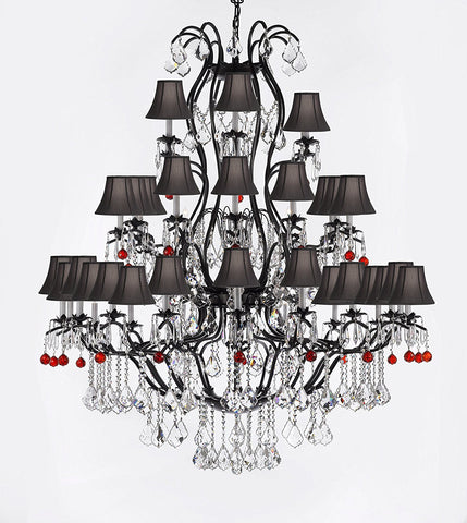 Large Wrought Iron Chandelier Chandeliers Lighting With Ruby Red Crystal Balls H60" x W52" - Great for the Entryway, Foyer, Family Room, Living Room w/ Black Shades - A83-B96/BLACKSHADES/3031/36