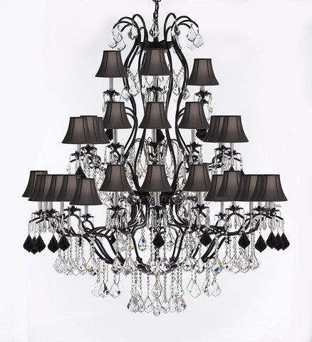 Large Wrought Iron Chandelier Chandeliers Lighting With Jet Black Crystals H60" x W52" - Great for the Entryway, Foyer, Family Room, Living Room w/Black Shades - A83-B97/BLACKSHADES/3031/36