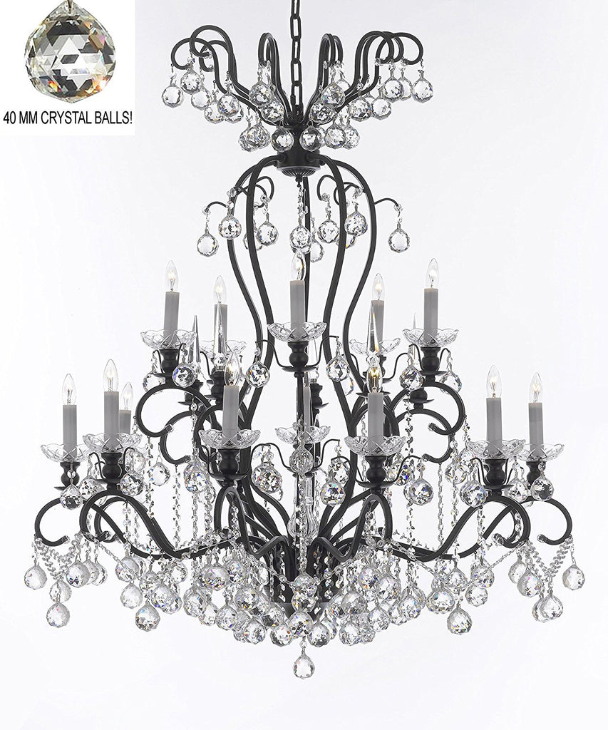 Wrought Iron Crystal Chandelier Lighting Dressed with Crystal Balls W38" H44" - Great for the Dining Room, Foyer, Entry Way, Living Room - F83-B6/556/16