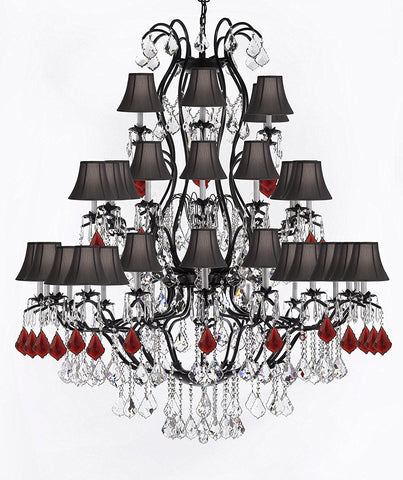 Large Wrought Iron Chandelier Chandeliers Lighting With Ruby Red Crystals H60" x W52" - Great for the Entryway, Foyer, Family Room, Living Room w/ Black Shades - A83-B98/BLACKSHADES/3031/36