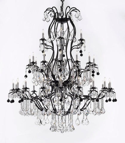 Large Wrought Iron Chandelier Chandeliers Lighting With Jet Black Crystal Balls H60" x W52" - Great for the Entryway, Foyer, Family Room, Living Room - A83-B95/3031/36