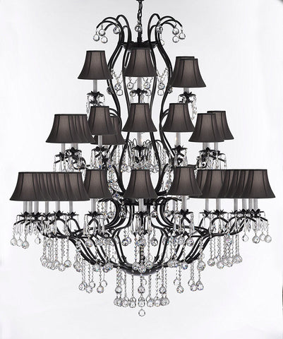 Swarovski Crystal Trimmed Chandelier Large Wrought Iron Chandelier Chandeliers Lighting With Crystal Balls H60" x W52" - Great for the Entryway, Foyer, Family Room, Living Room w/Black Shades - A83-B6/BLACKSHADES/3031/36SW
