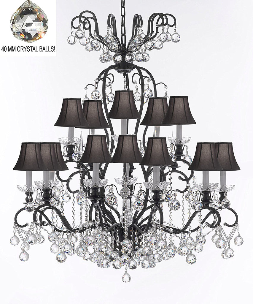 Wrought Iron Crystal Chandelier Lighting Dressed with Crystal Balls W38" H44" - Great for the Dining Room, Foyer, Entry Way, Living Room w/Black Shades - F83-B6/BLACKSHADES/556/16