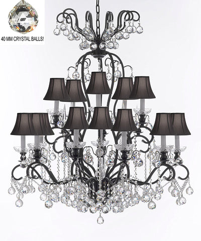 Swarovski Crystal Trimmed Chandelier Wrought Iron Crystal Chandelier Lighting Dressed with Crystal Balls W38" H44" - Great for the Dining Room, Foyer, Entry Way, Living Room w/Black Shades - F83-B6/BLACKSHADES/556/16SW