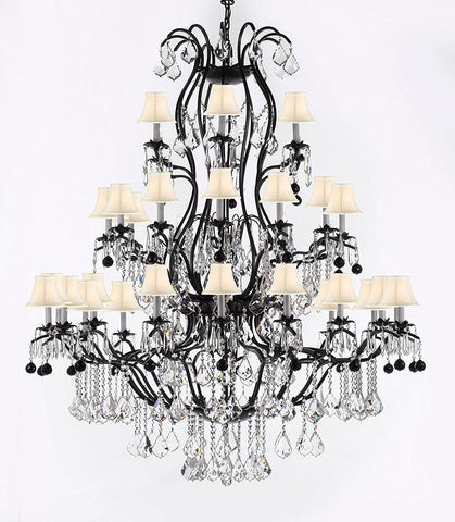 Large Wrought Iron Chandelier Chandeliers Lighting With Jet Black Crystal Balls H60" x W52" - Great for the Entryway, Foyer, Family Room, Living Room w/White Shades - A83-B95/WHITESHADES/3031/36