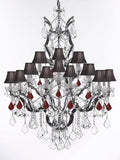 Swarovski Crystal Trimmed Chandelier 19th C. Baroque Iron & Crystal Chandelier Lighting Dressed w/Ruby Red Crystals H 52" x W 41" - Great for the Dining Room, Entry Way, Living Room w/Black Shades - G83-B98/BLACKSHADES/996/25SW