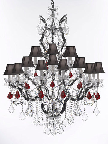19th C. Baroque Iron & Crystal Chandelier Lighting Dressed with Ruby Red Crystals H 52" x W 41" - Great for the Dining Room, Foyer, Entry Way, Living Room w/Black Shades - G83-B98/BLACKSHADES/996/25