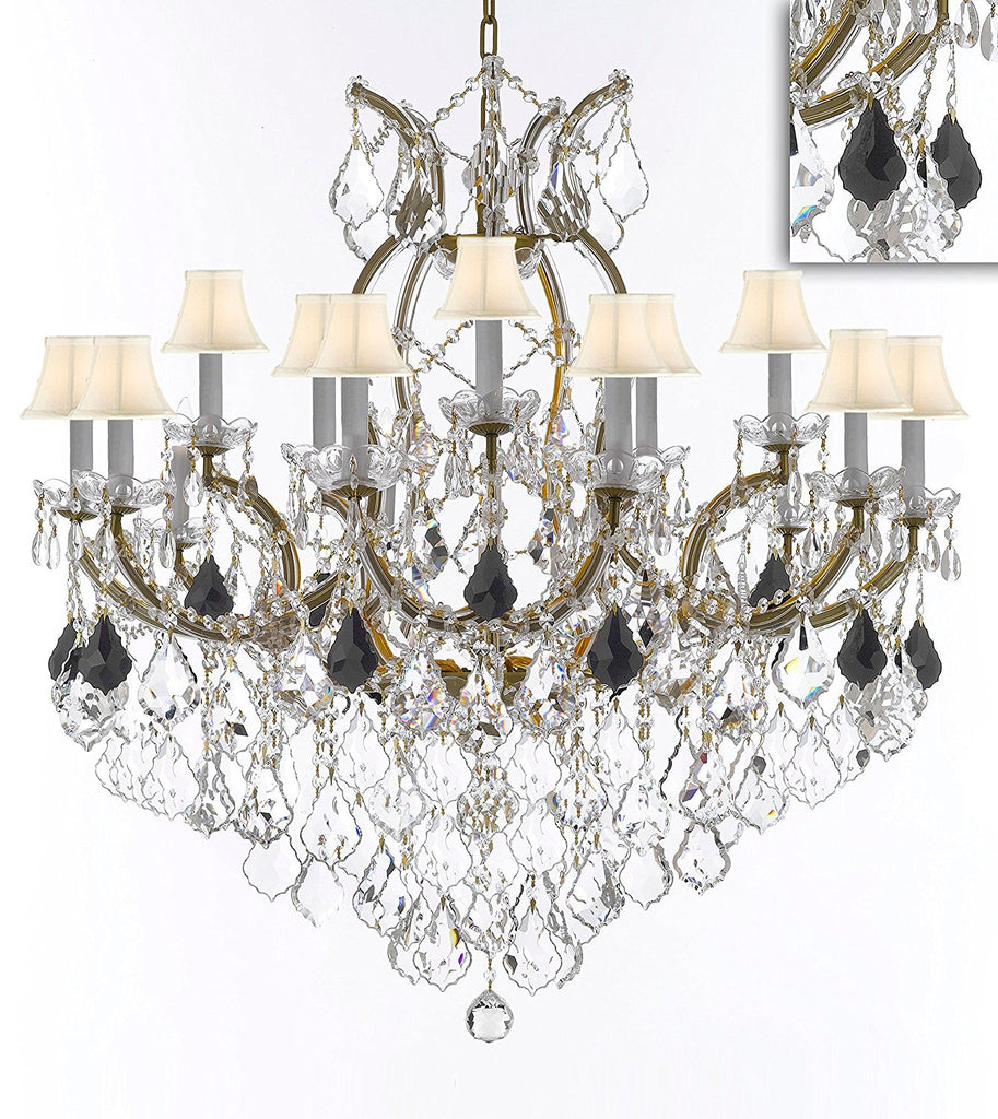Maria Theresa Chandelier Crystal Lighting Chandeliers Lights Fixture Pendant Ceiling Lamp for Dining room, Entryway , Living room H38" X W37" - Dressed with Jet Black Crystals and White Shades - A83-B97/WHITESHADES/21510/15+1