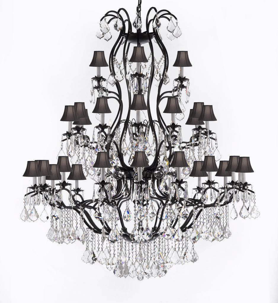 Swarovski Crystal Trimmed Chandelier Large Foyer / Entryway Wrought Iron Chandelier Lighting With Crystal And Black Shade H60" X W52" - A83-Sc/Blackshade/3031/36Sw