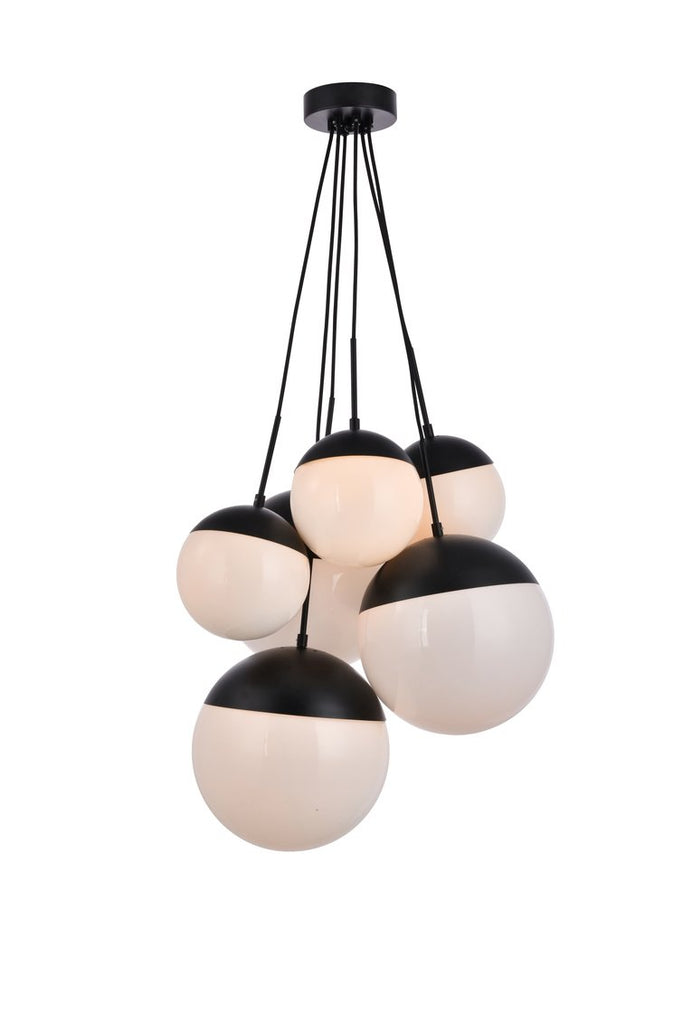 ZC121-LD6092BK - Living District: Eclipse 6 Lights Black Pendant With Frosted White Glass